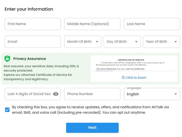 personal information lifeline application